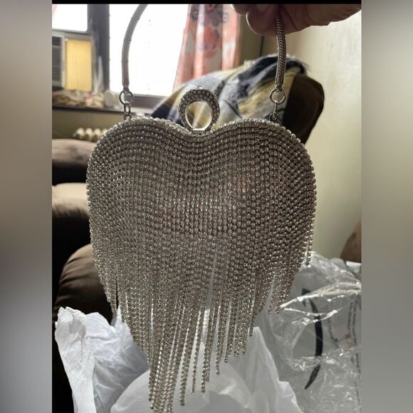 Luxury Heart Shape Rhinestone Tassel Evening Clutch Bag Party Purse Valentines - Picture 4 of 6